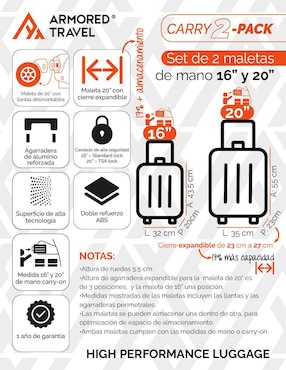 Set maletas de mano Armored Travel 2 Pack Llantas Desmontables
