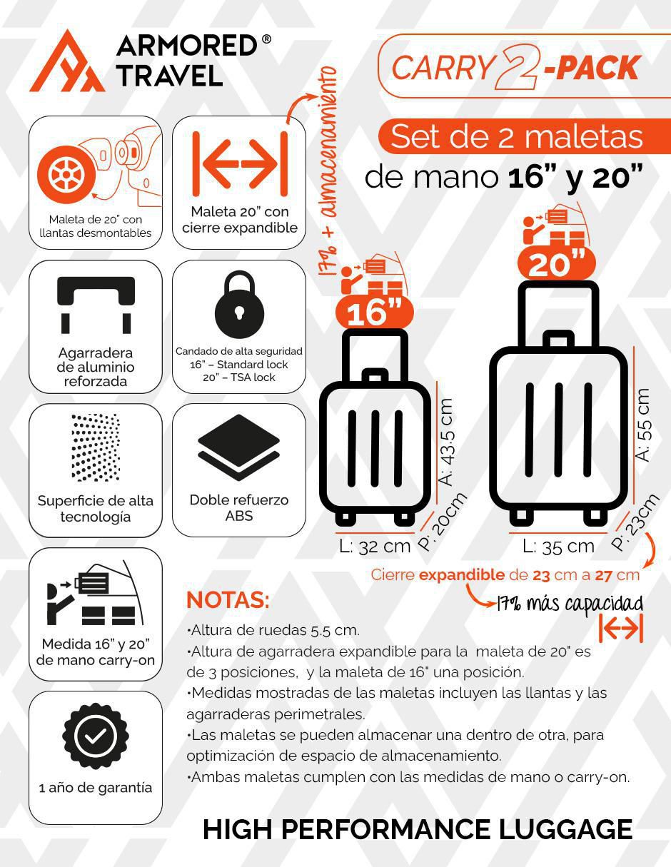 Set maletas de mano 2 Pack Llantas Desmontables 10